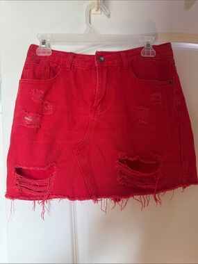 Red Distressed Denim Mini Skirt - Women's Casual Fringe Hem